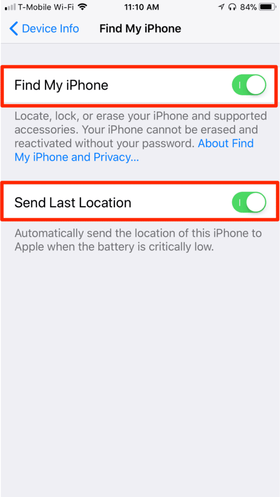 iPhone iOS 11Device Info Find My Phone Last Location