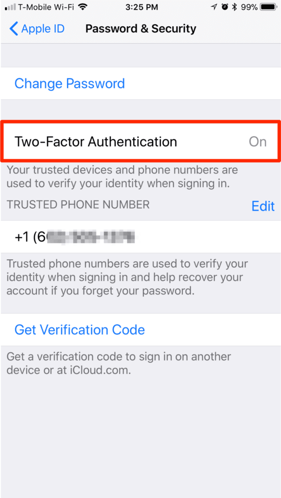 iOS 11 Settings Two Factor Authentication