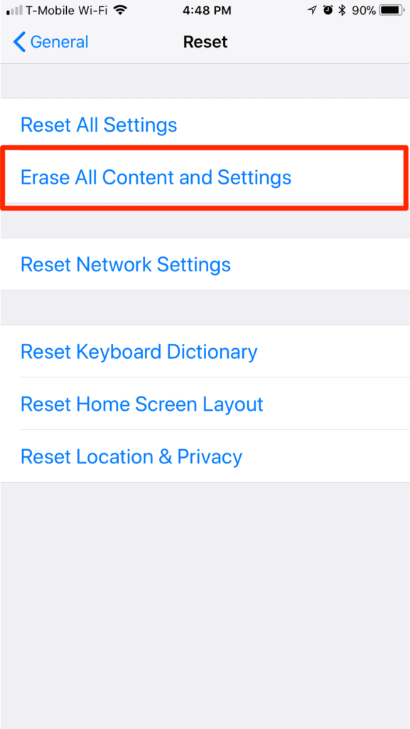 iOS Erase All Content and Settings