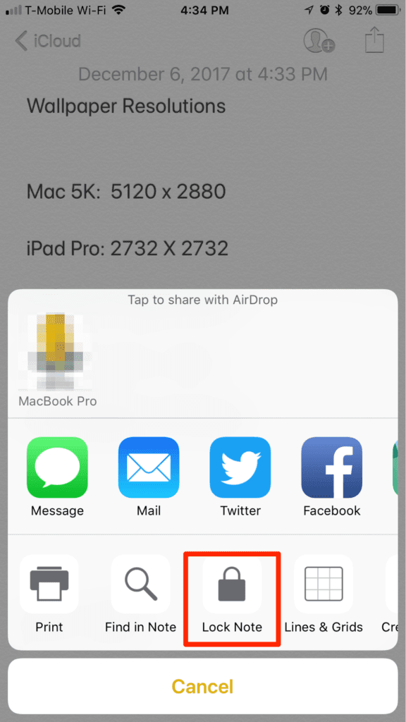 iPhone iOS 11 Lock Note Screen