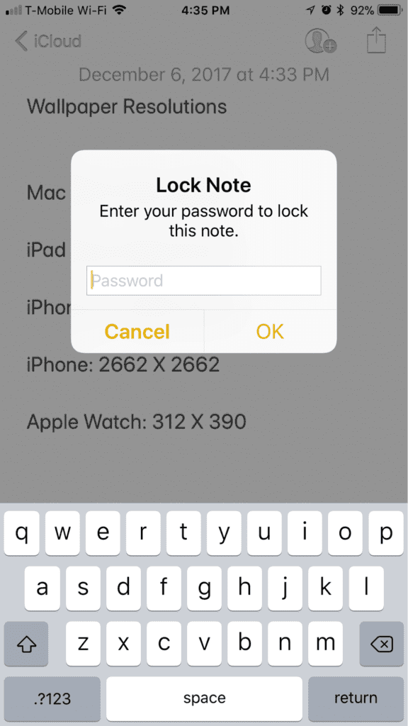 iPhone iOS 11 Lock ed Note Screen