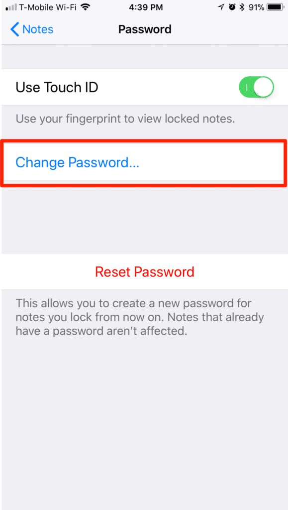 iPhone iOS Notes Password Change
